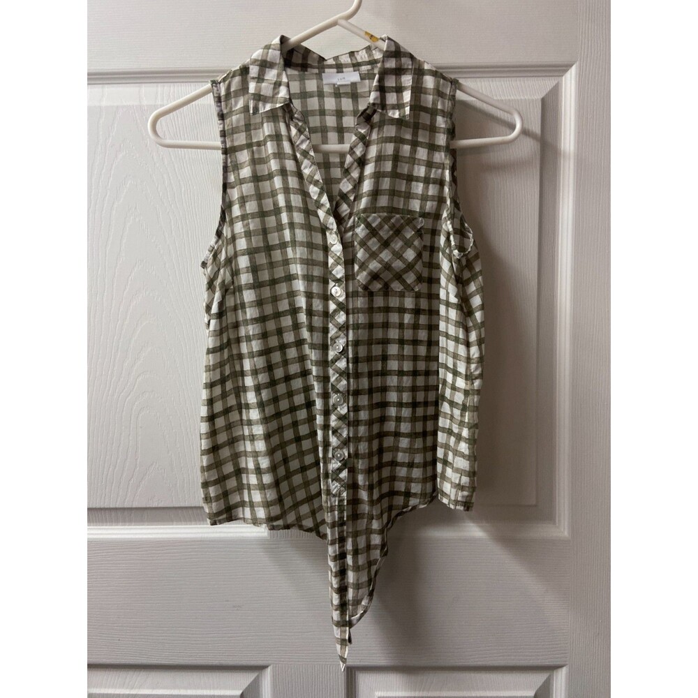 j jill Sleeveless Check Green White XS Petite Button Up Front Tie Silk Blend